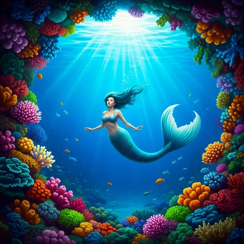Surreal Mermaid in Vibrant Coral Reefs | Fantasy Underwater Scene