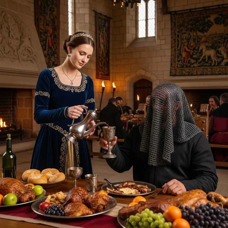Medieval Castle Feast with Woman Pouring Wine