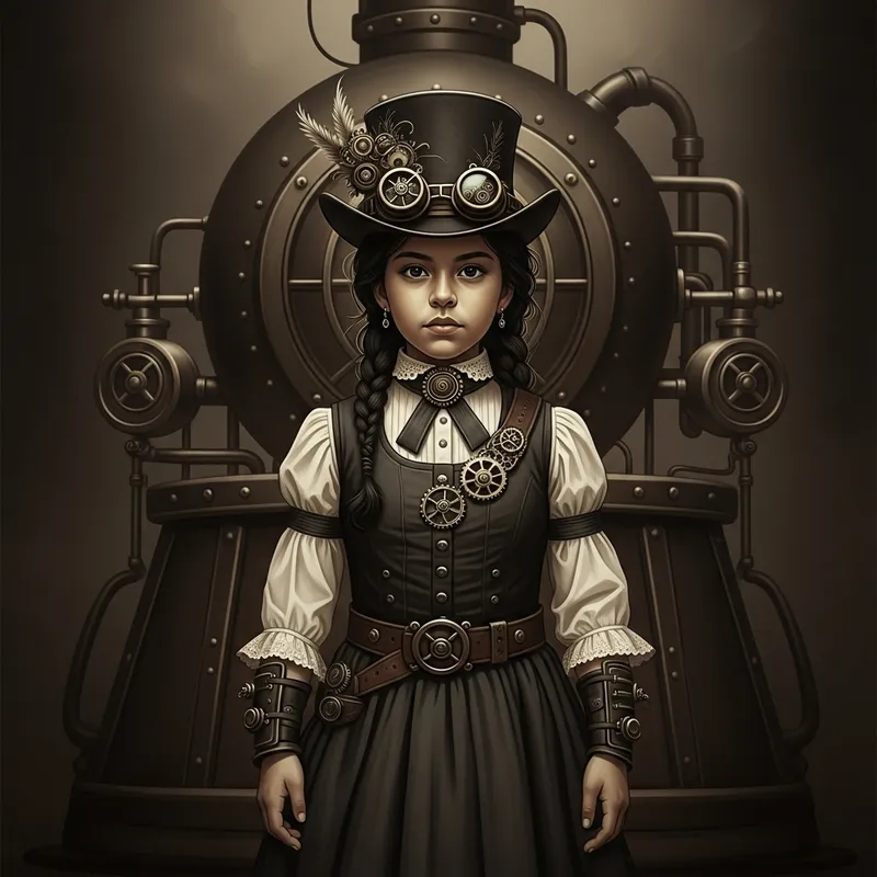 Steampunk Girl in Front of Steam-Powered Machine with Nostalgic Sepia Tone Steampunk Girl in Front of Steam-Powered Machine with Nostalgic Sepia Tone