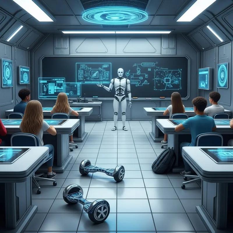 Futuristic Classroom with Hoverboards and Robotic Professor