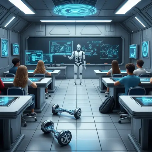 Futuristic Classroom with Robotic Professor and Diverse Students