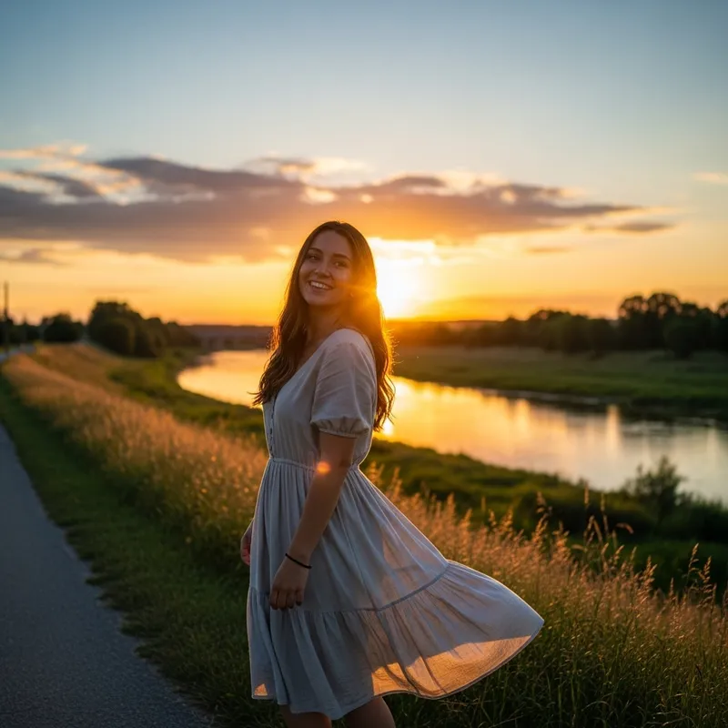 Enchanting Sunset Portrait of a Radiant Woman | Tranquil River View