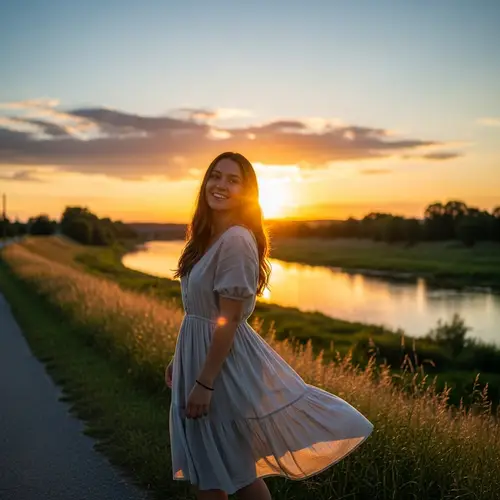 Radiant Woman in Sunset Landscape | Tranquil River Scene