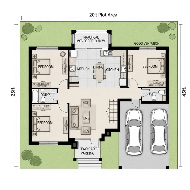 Spacious 20x45 Feet Floor Plan with 2 Rooms, Kitchen, Dining, Living Areas & Car Parking