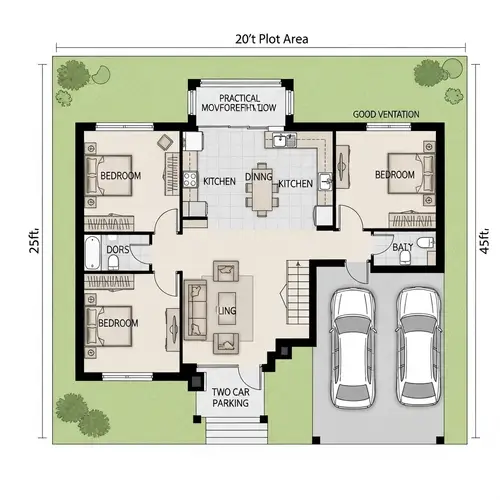 Rectangular Plot 20x45 Feet Floor Plan with 2 Bedrooms, Kitchen, Dining, Living Areas