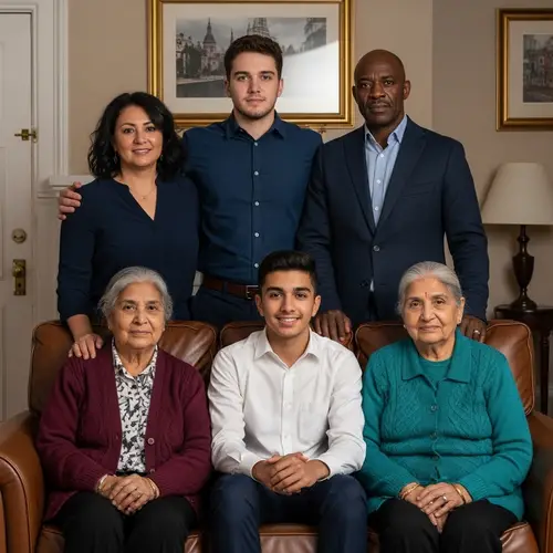 Multicultural Family Portrait in Warm Living Room
