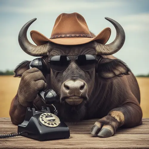 Cool Buffalo with Sunglasses and Cowboy Hat Talking on Phone