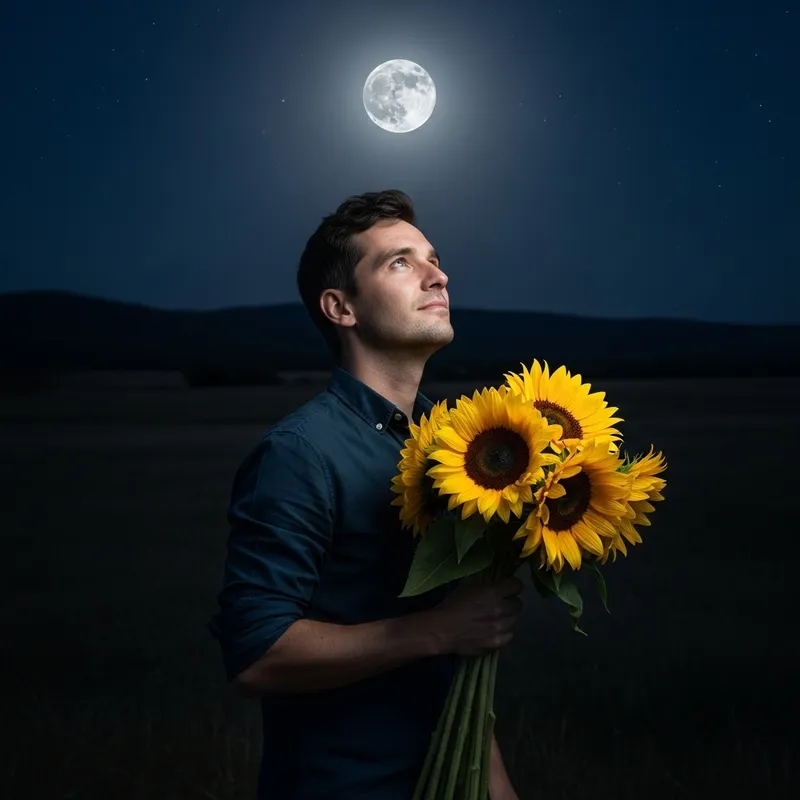 Caucasian Male with Sunflowers gazing at Moon