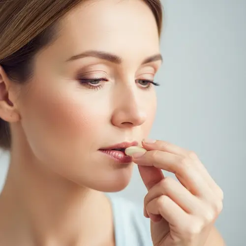 Elegant Woman in her 40s Taking Vitamin Supplements | Serenity & Wellness