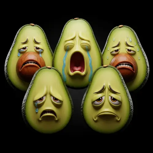 Sad Avocados: Realistic and Cartoonish Faces on Black Background