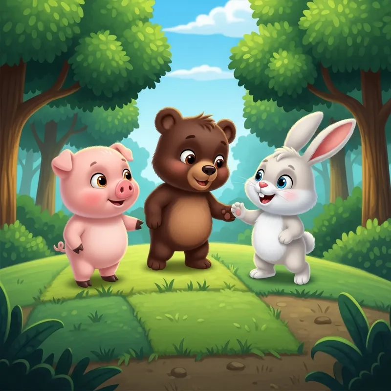 Adorable Piglet, Baby Bear, and Bunny Play in Enchanting Cartoon Forest