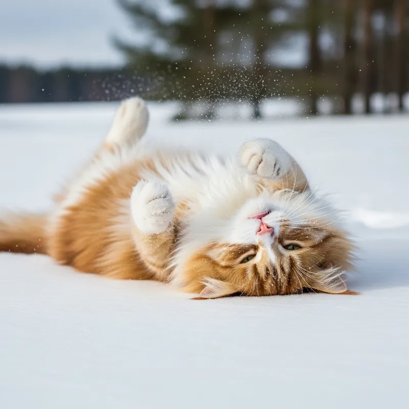 Fluffy Cat Rolling in Snow