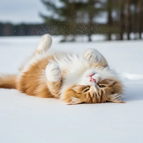 Fluffy Cat Rolling in Fresh White Snow