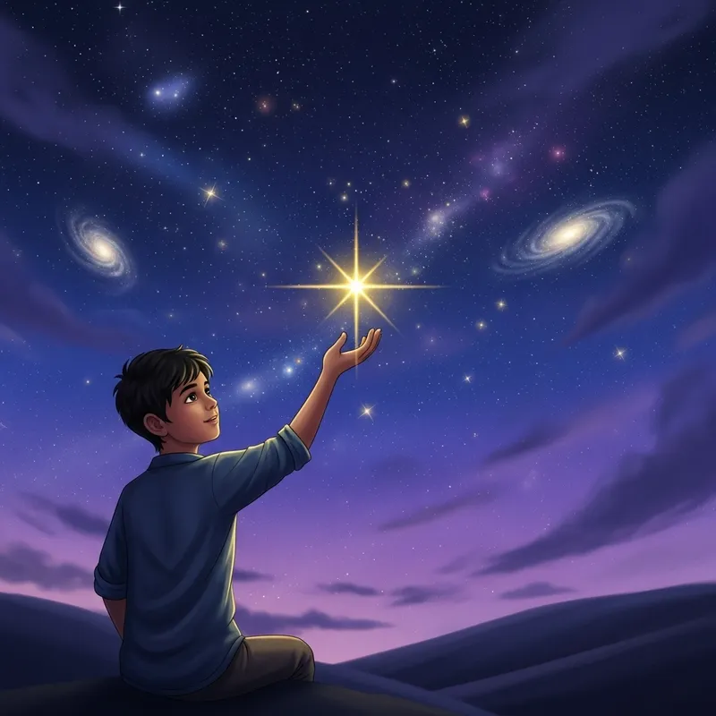 Boy Reaching for Golden Star in Dreamy Night Sky Boy Reaching for Golden Star in Dreamy Night Sky