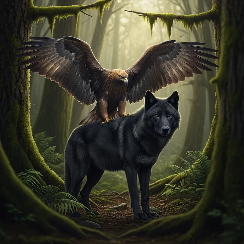 Power Animals: Black Wolf and Golden Eagle in Forest