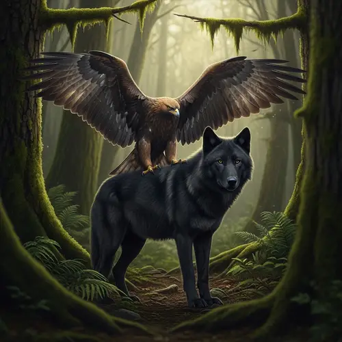 Power Animals: Black Wolf in Forest with Golden Eagle