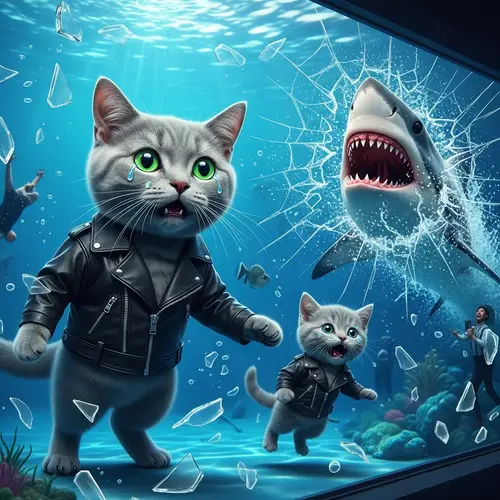 Realistic Gray Cat & Kitten in Aquarium Drama | Emotional Hyperrealism