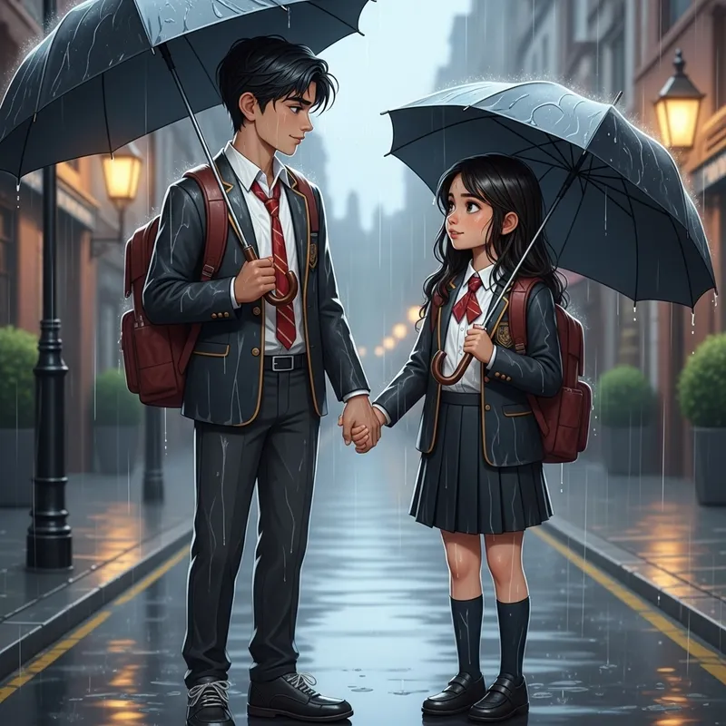 Tender Hispanic Boy & Middle-Eastern Girl in Rain