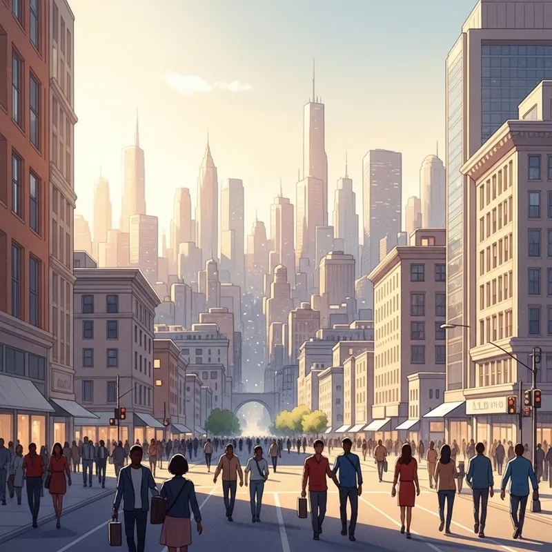 Expansive Cityscape Watercolor Painting