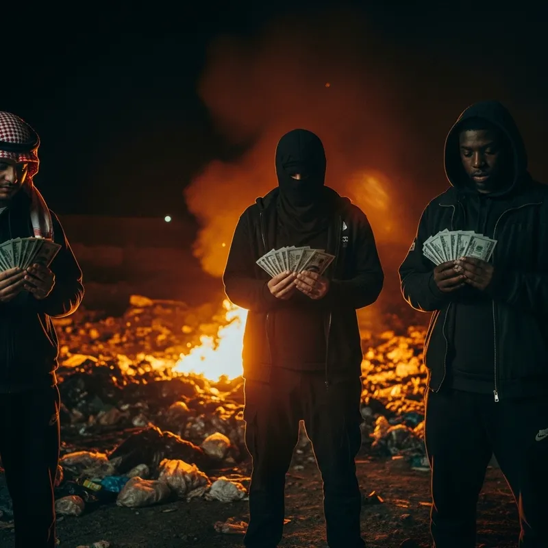 Eerie Night Scene of Burning Hazardous Waste and Criminal Mafias