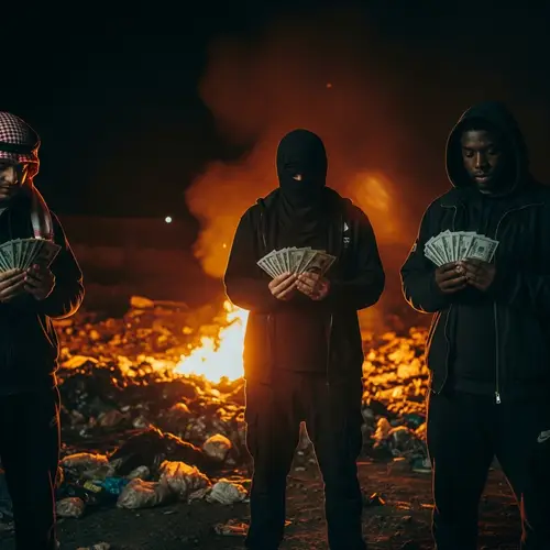 Burning Hazardous Waste - Eerie Night Scene with Crime and Money