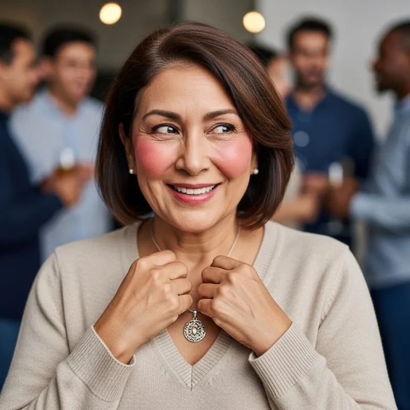 Embarrassed Yet Flattered Woman in Social Setting