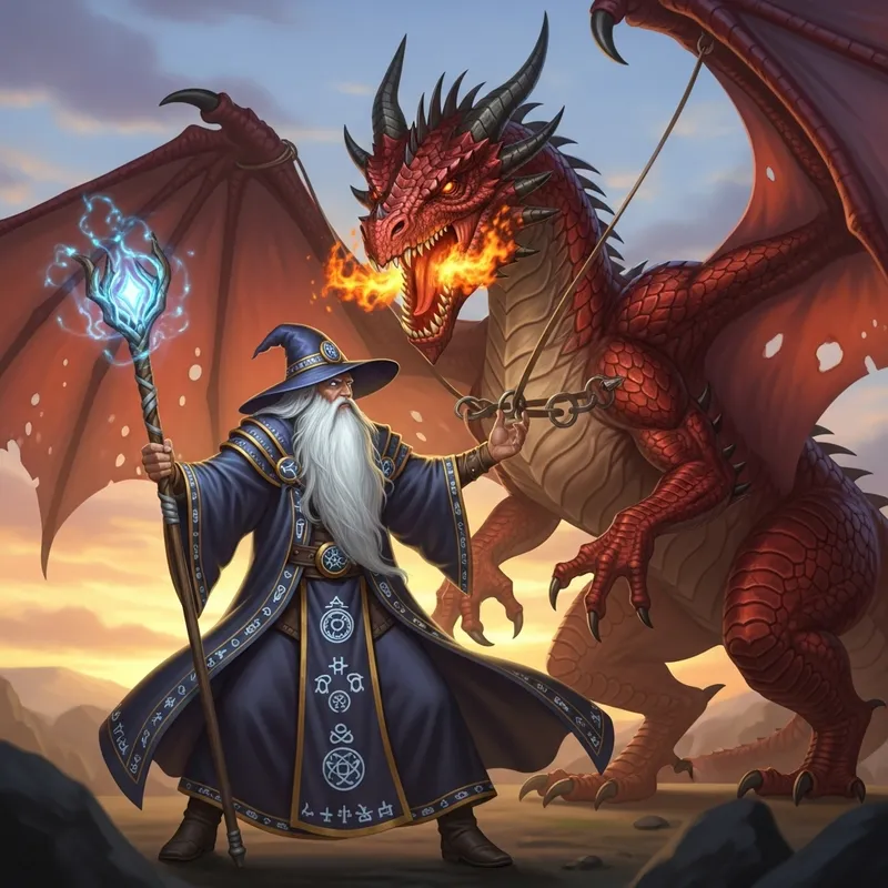Wizard Master Taming Red Dragon with Magic Staff