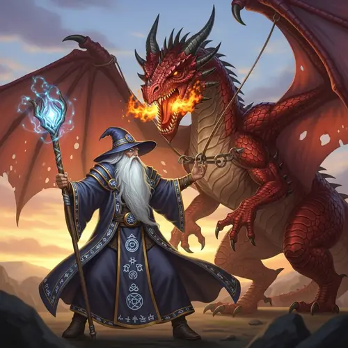 Powerful Wizard Taming a Fiery Red Dragon - Fantasy Scene
