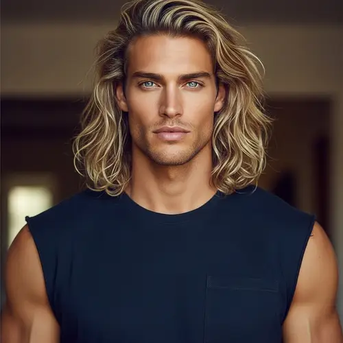 Tall Muscular Man with Long Blond Hair and Blue Eyes