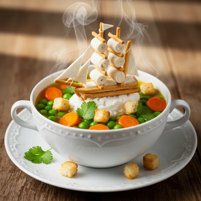 Tiny Ship Sailing in Soup Bowl