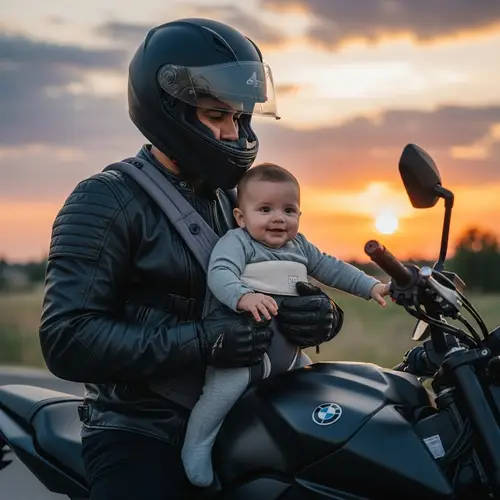 Hispanic Motorcyclist with Baby: Heartwarming Sunset Scene