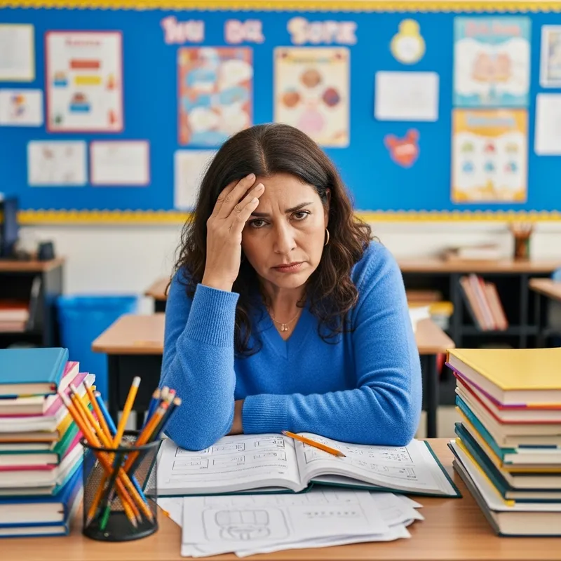 Exhausted Hispanic Female Teacher in Classroom | Demonstrating Hard Work and Determination
