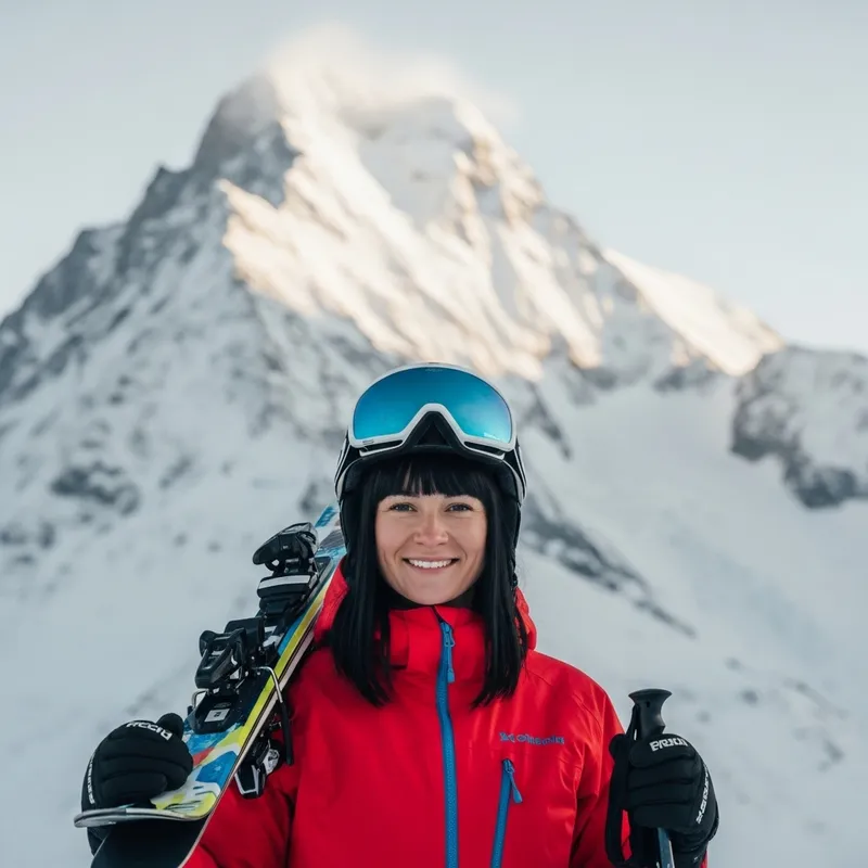 Smiling Black-Haired Woman in Snowy Mountain Skiing Scene