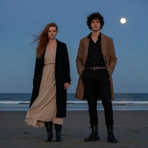 Evening Beach Scene with Woman and Man Under Yellow Moon