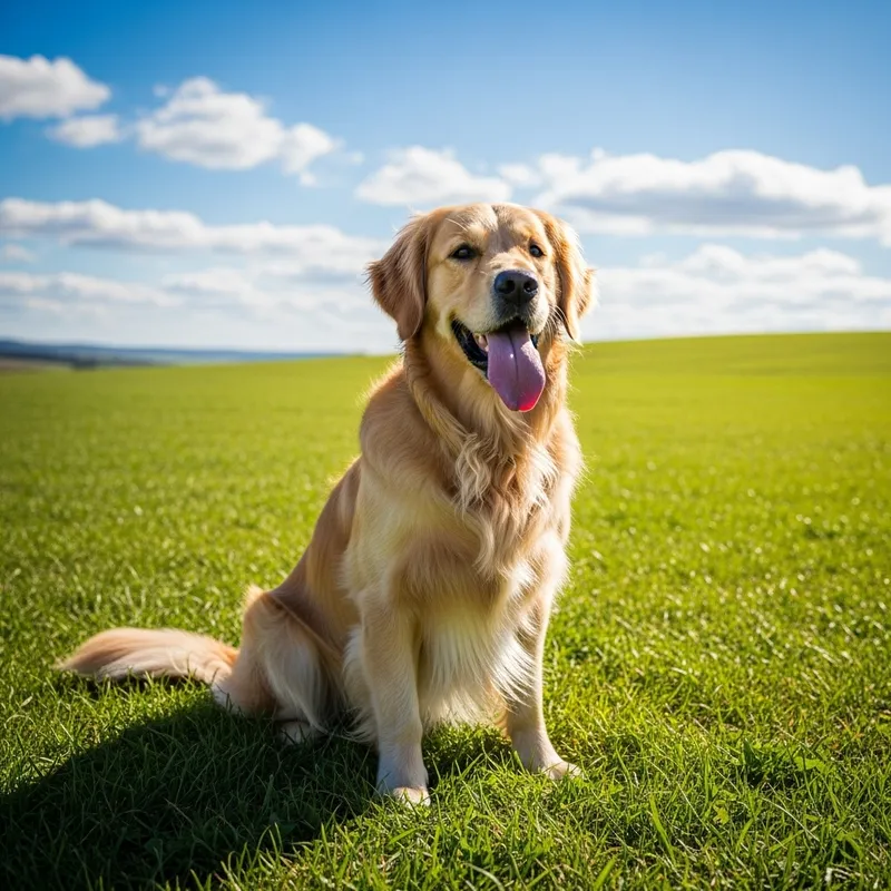 Perro Sitting Comfortably in Grassy Field Perro Sitting Comfortably in Grassy Field