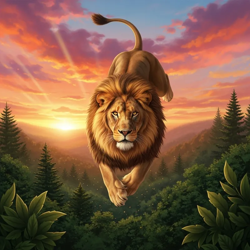 Majestic Lion Descends Gracefully Through Painted Sky | Forest Scene