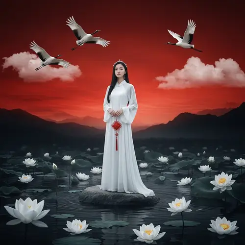18-Year-Old Chinese Girl on Stone | Red-Crowned Crane, Lotus & More