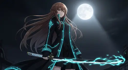 Bronze-Haired Anime Girl with Luminescent Cyan Katana