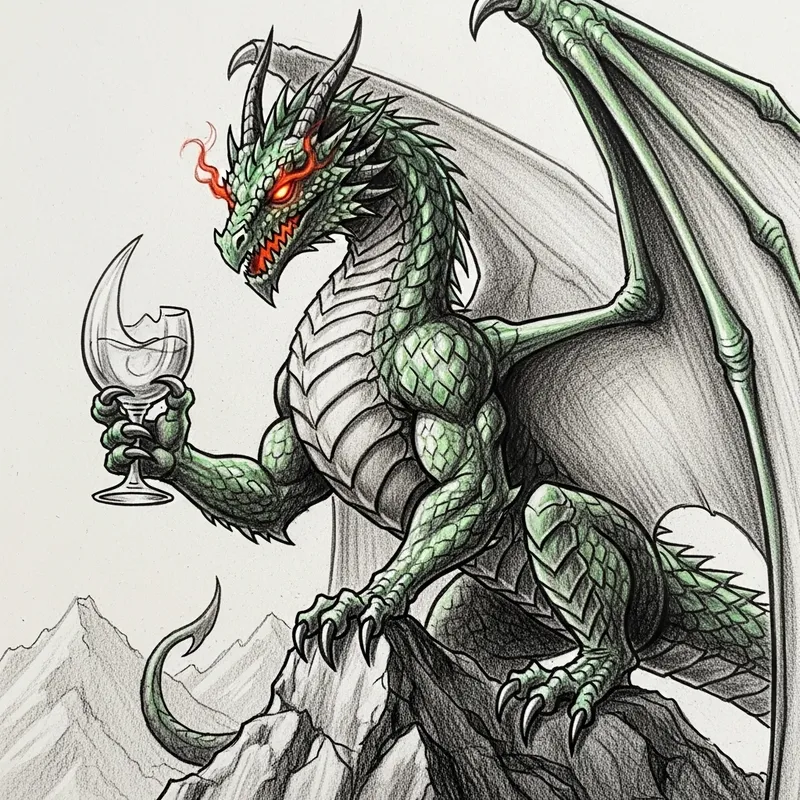 Regal Dragon Holding a Glass: A Majestic Sketch