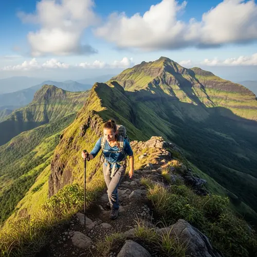 Courageous Female Adventurer Trekking majestic peak of Kalsubai Mountain