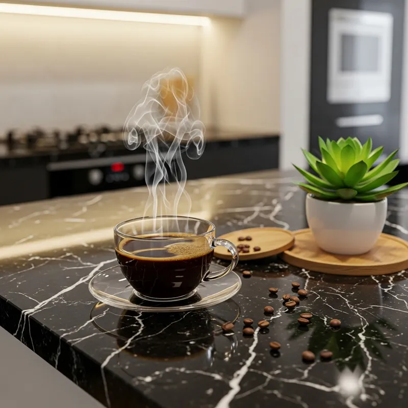 Hot Coffee on Stylish Black Marble Countertop in Contemporary Apartment Kitchen