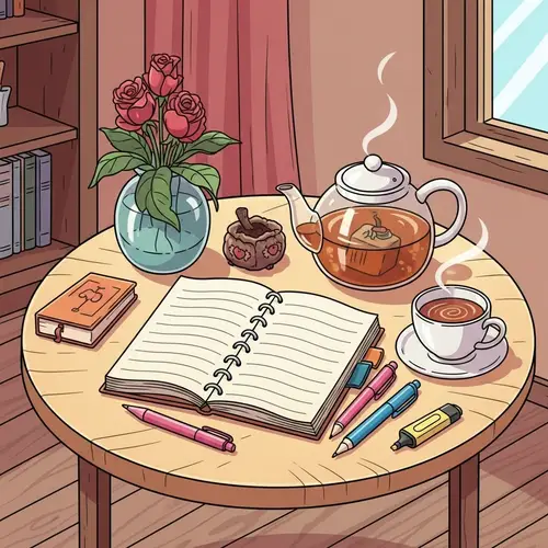 Cartoon Scene with Journal and Writing Tools on Round Table
