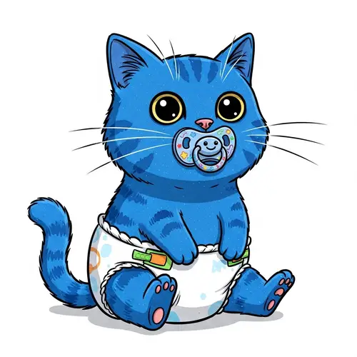 Cartoon Blue Cat in Diapers with Pacifier | Cosmic Feline Expression