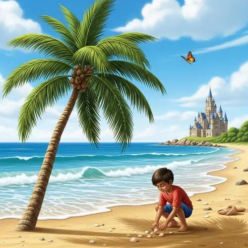 Serene Beach Scene with Palm Tree, Boy Collecting Seashells