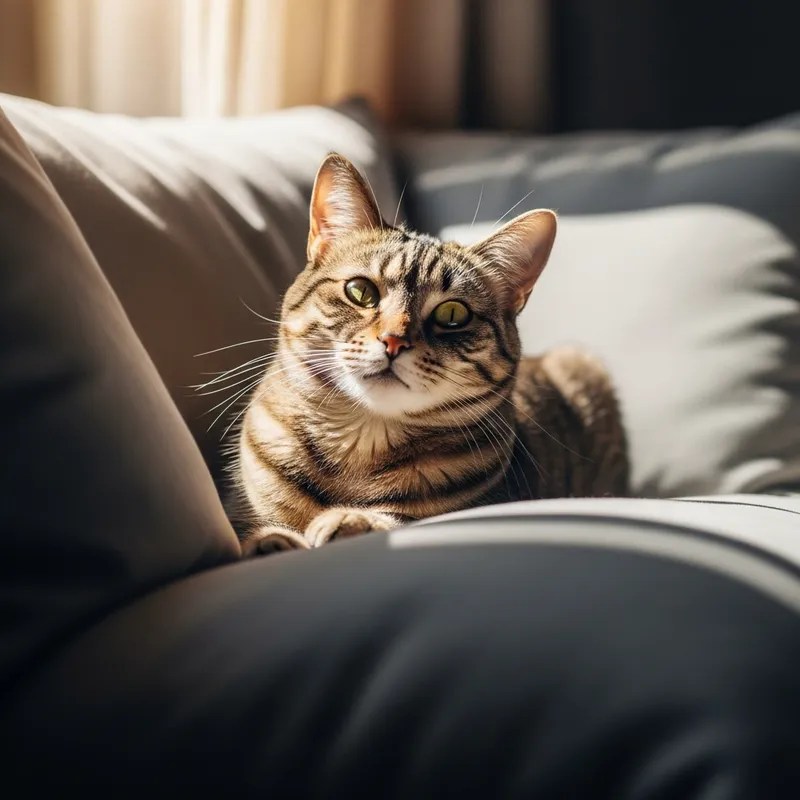 Calm Cat Basking in Sunlight on Soft Cushions