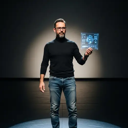 Middle-Aged Man Presenting Futuristic Digital Device on Stage