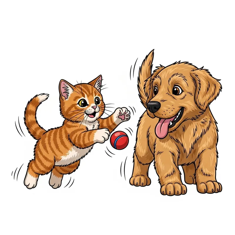 Adorable Kitten and Puppy Playful Comic Design Adorable Kitten and Puppy Playful Comic Design