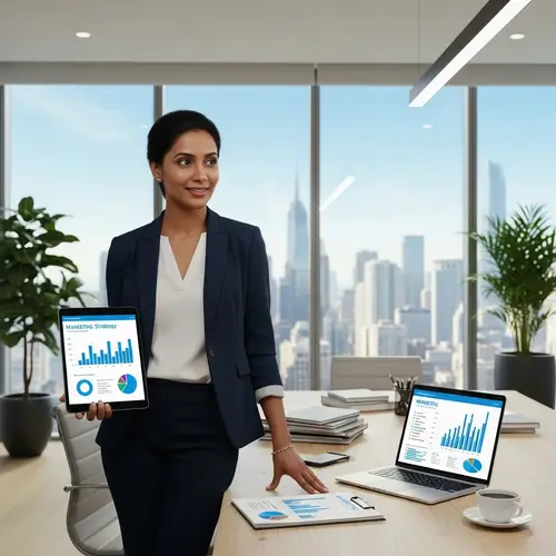 South Asian Female Marketing Director in Stylish Office Setting