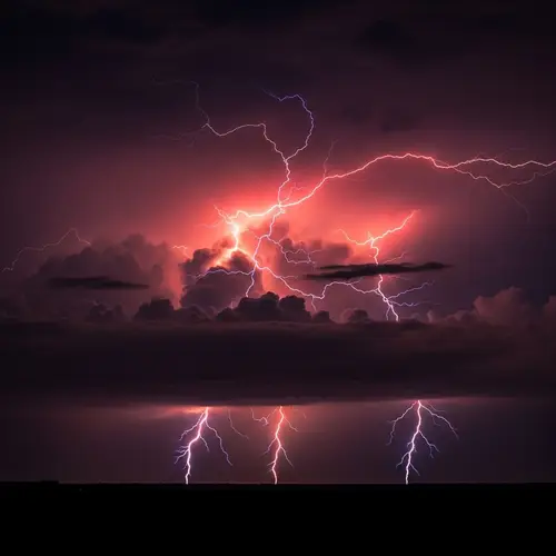Dramatic Red & Blue Lightning in Stormy Sky