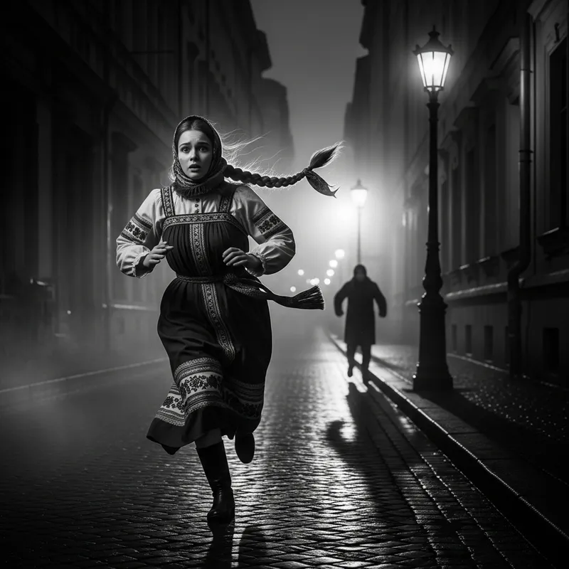Russian Girl Escaping Unseen Danger in Film Noir Setting